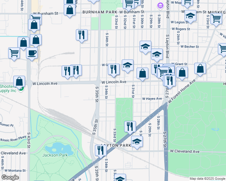map of restaurants, bars, coffee shops, grocery stores, and more near 2349 South 33rd Street in Milwaukee