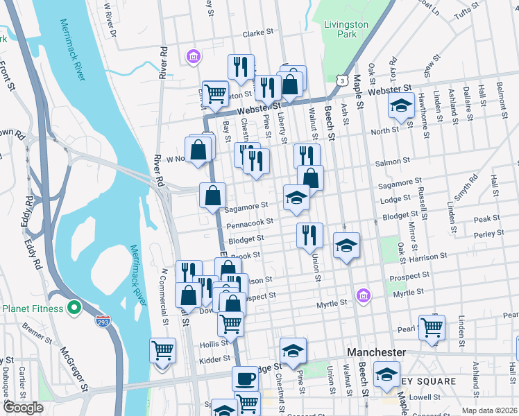 map of restaurants, bars, coffee shops, grocery stores, and more near 81 Brook Street in Manchester