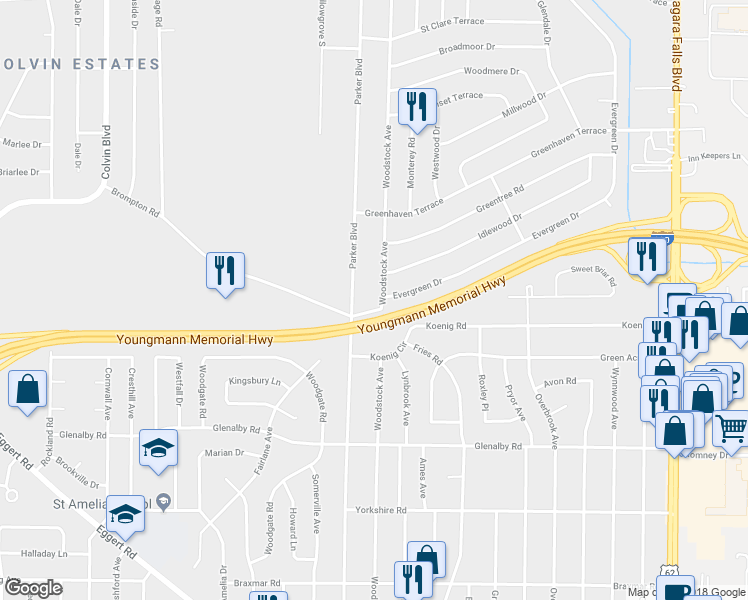 map of restaurants, bars, coffee shops, grocery stores, and more near 748 Woodstock Avenue in Tonawanda