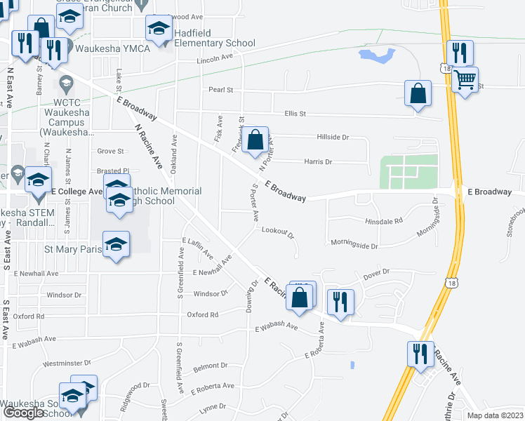 map of restaurants, bars, coffee shops, grocery stores, and more near S23W23185 Broadway in Waukesha