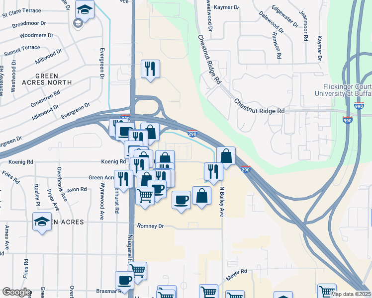 map of restaurants, bars, coffee shops, grocery stores, and more near 4030 Ridge Lea Road in Buffalo