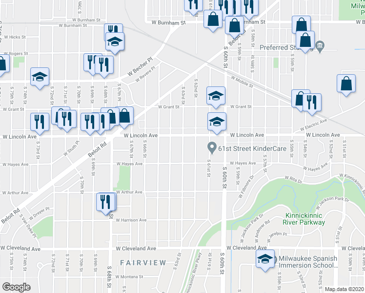 map of restaurants, bars, coffee shops, grocery stores, and more near 2339 South 63rd Street in West Allis