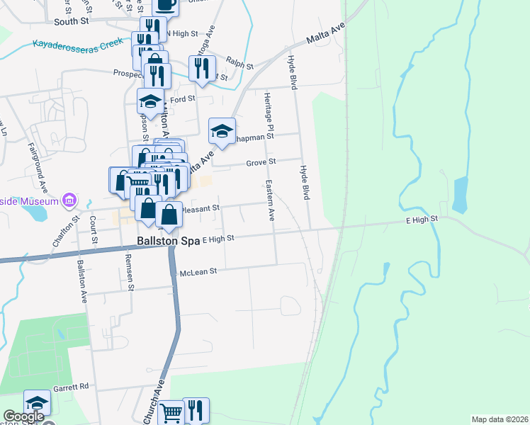 map of restaurants, bars, coffee shops, grocery stores, and more near 90-92 Eastern Avenue in Ballston Spa