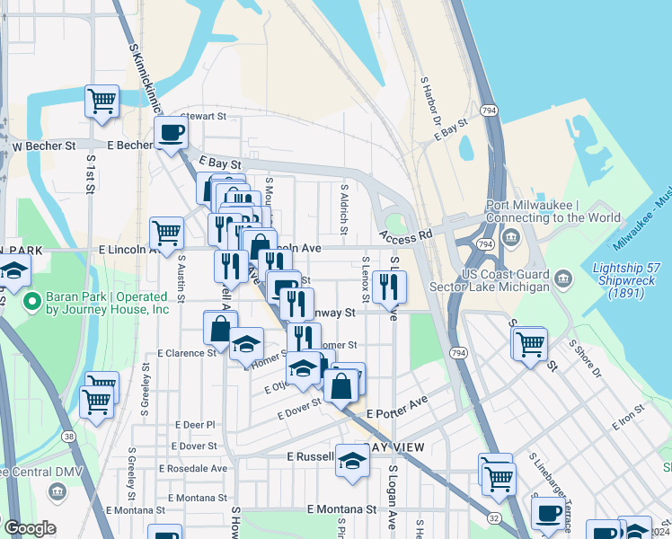 map of restaurants, bars, coffee shops, grocery stores, and more near 740 East Linus Street in Milwaukee