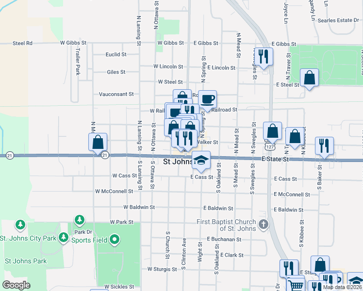 map of restaurants, bars, coffee shops, grocery stores, and more near 106 Brush Street in Saint Johns