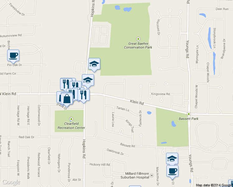 map of restaurants, bars, coffee shops, grocery stores, and more near 126 Klein Road in Buffalo