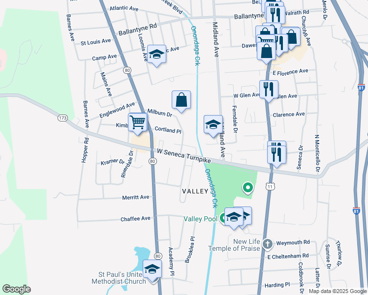 map of restaurants, bars, coffee shops, grocery stores, and more near 290 West Seneca Turnpike in Syracuse