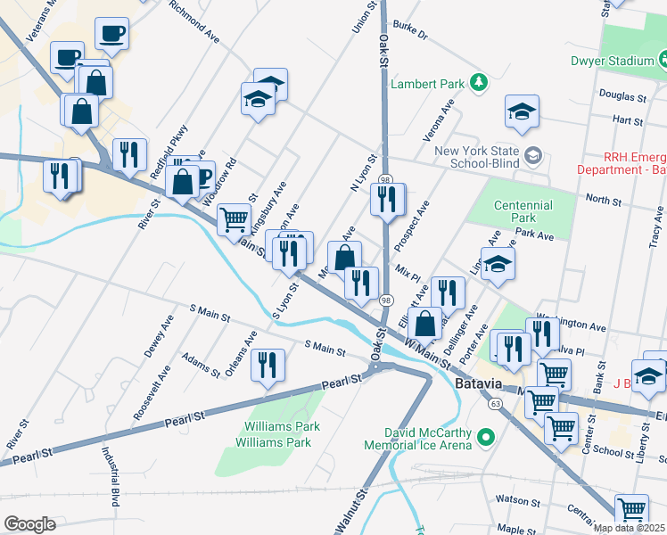 map of restaurants, bars, coffee shops, grocery stores, and more near 2 Montclair Avenue in Batavia