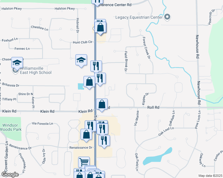 map of restaurants, bars, coffee shops, grocery stores, and more near 8040 Roll Road in East Amherst