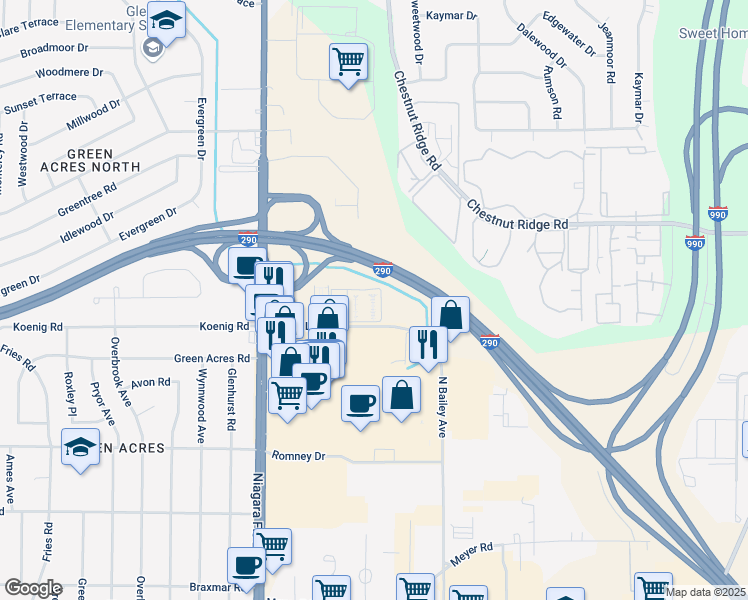 map of restaurants, bars, coffee shops, grocery stores, and more near 4030 Ridge Lea Road in Buffalo