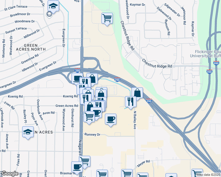 map of restaurants, bars, coffee shops, grocery stores, and more near 4030 Ridge Lea Road in Buffalo