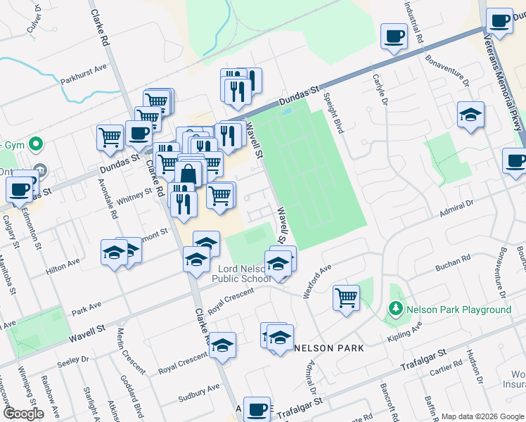 map of restaurants, bars, coffee shops, grocery stores, and more near 1990 Wavell Street in London