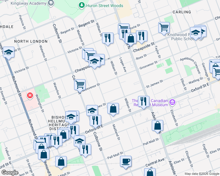map of restaurants, bars, coffee shops, grocery stores, and more near in London