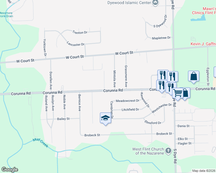 map of restaurants, bars, coffee shops, grocery stores, and more near 6004 Corunna Road in Flint