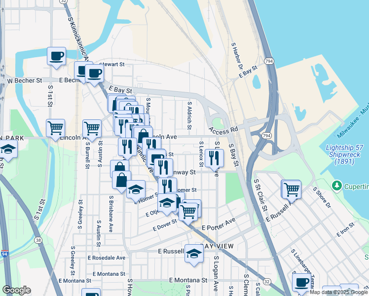 map of restaurants, bars, coffee shops, grocery stores, and more near 740 East Linus Street in Milwaukee