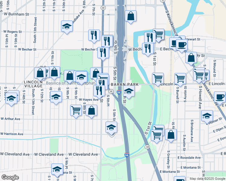 map of restaurants, bars, coffee shops, grocery stores, and more near 417 West Lincoln Avenue in Milwaukee