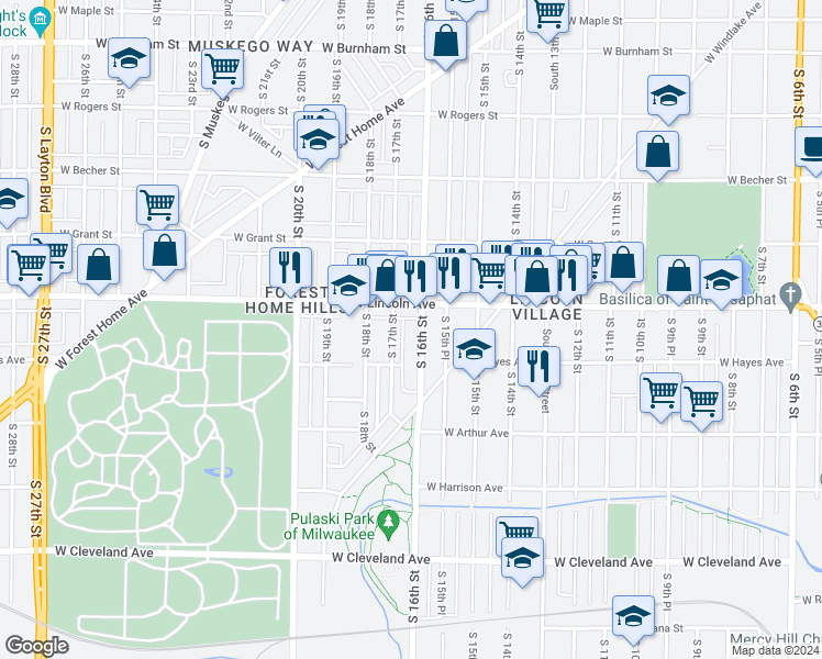 map of restaurants, bars, coffee shops, grocery stores, and more near 2338A South 17th Street in Milwaukee