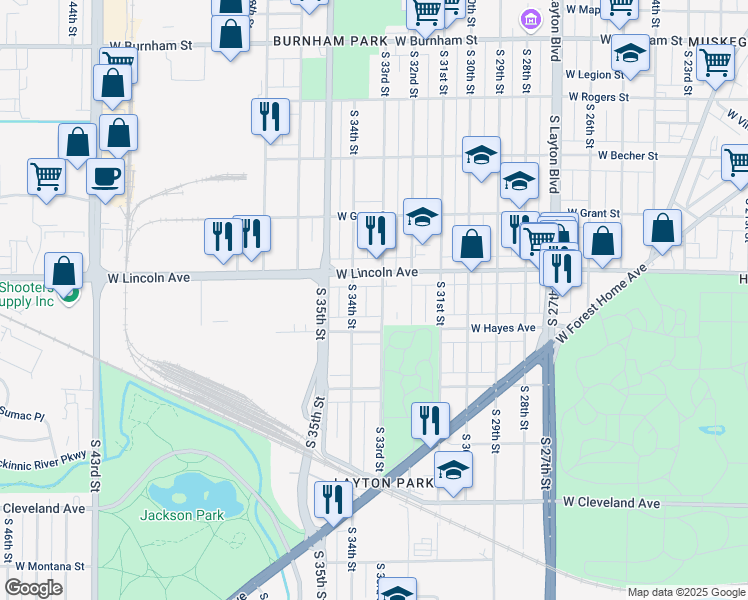 map of restaurants, bars, coffee shops, grocery stores, and more near 2349 South 33rd Street in Milwaukee