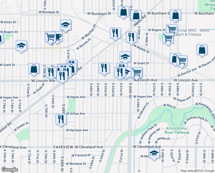 map of restaurants, bars, coffee shops, grocery stores, and more near 2339 South 63rd Street in West Allis