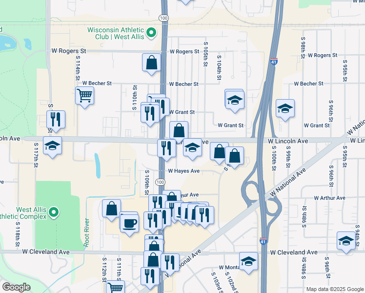 map of restaurants, bars, coffee shops, grocery stores, and more near 2320 South 107th Street in West Allis