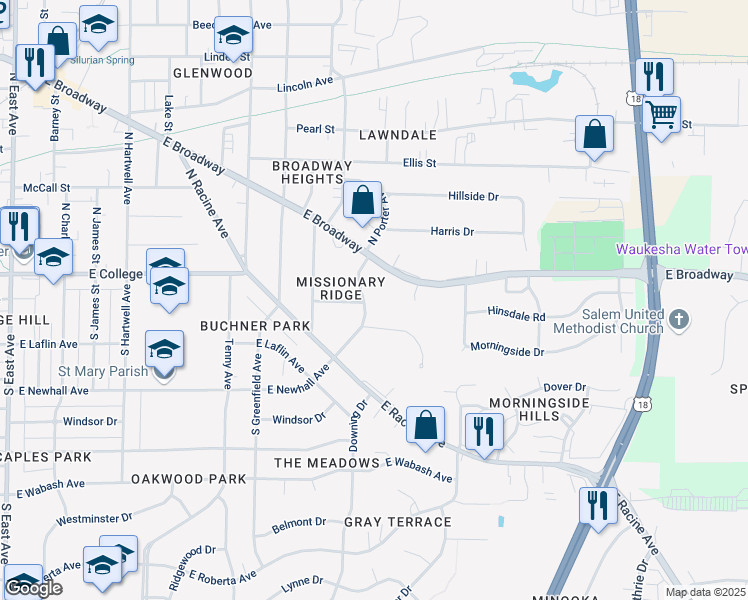 map of restaurants, bars, coffee shops, grocery stores, and more near S23W23185 Broadway in Waukesha