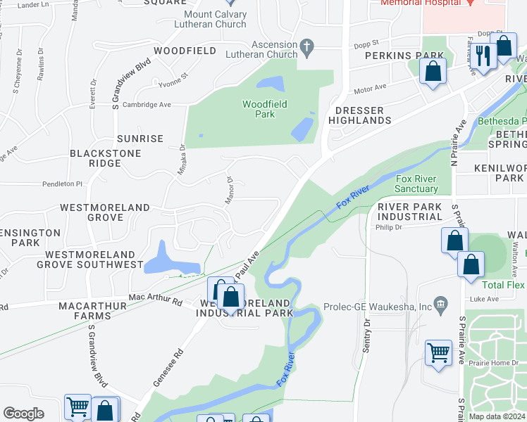 map of restaurants, bars, coffee shops, grocery stores, and more near 1800 Kensington Drive in Waukesha