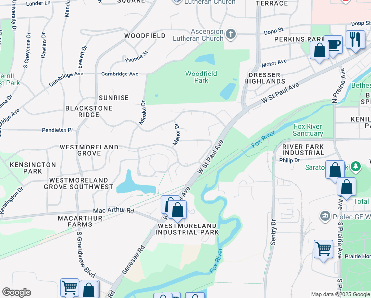 map of restaurants, bars, coffee shops, grocery stores, and more near 1810 Kensington Drive in Waukesha
