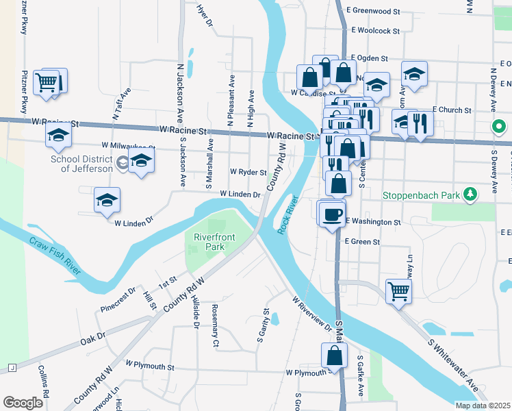 map of restaurants, bars, coffee shops, grocery stores, and more near 411 South Wisconsin Drive in Jefferson