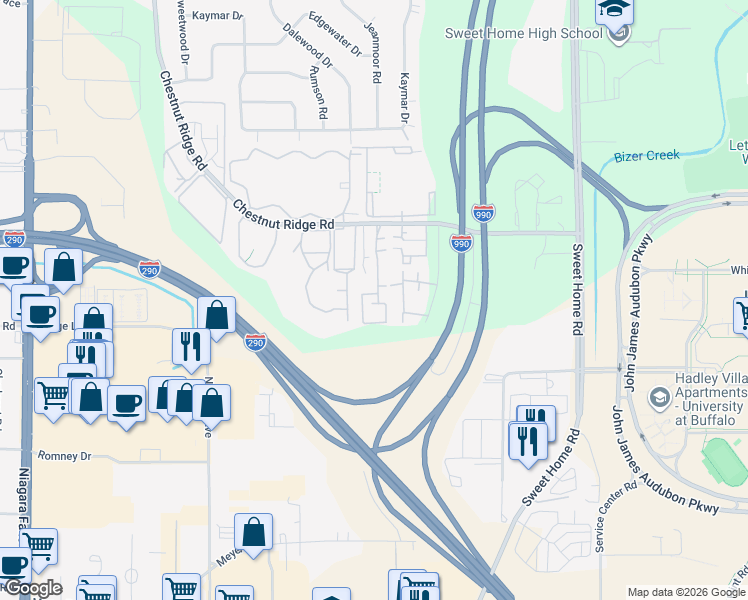 map of restaurants, bars, coffee shops, grocery stores, and more near 4615 Chestnut Ridge Road in Buffalo