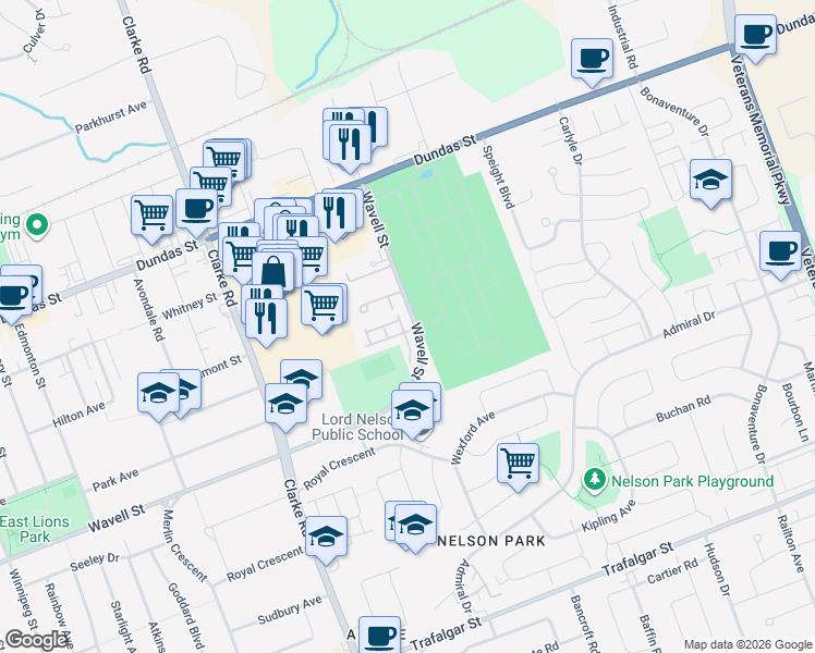 map of restaurants, bars, coffee shops, grocery stores, and more near 1990 Wavell Street in London