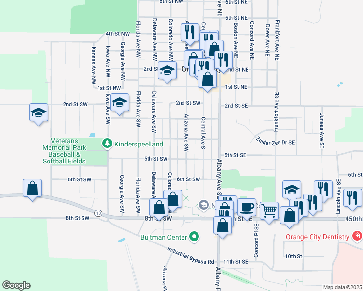 map of restaurants, bars, coffee shops, grocery stores, and more near 400-498 Arizona Avenue Southwest in Orange City