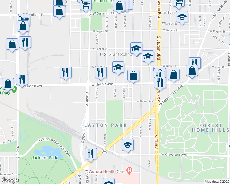 map of restaurants, bars, coffee shops, grocery stores, and more near 2336 South 32nd Street in Milwaukee