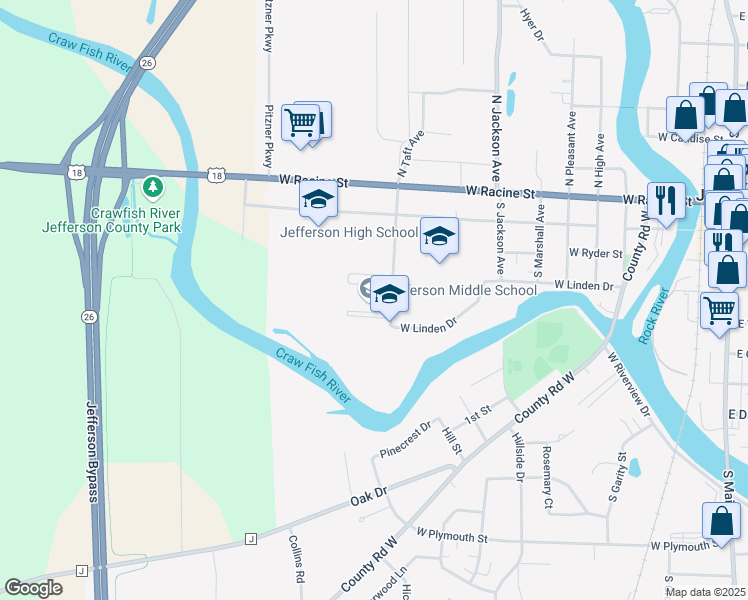 map of restaurants, bars, coffee shops, grocery stores, and more near 501 South Taft Avenue in Jefferson