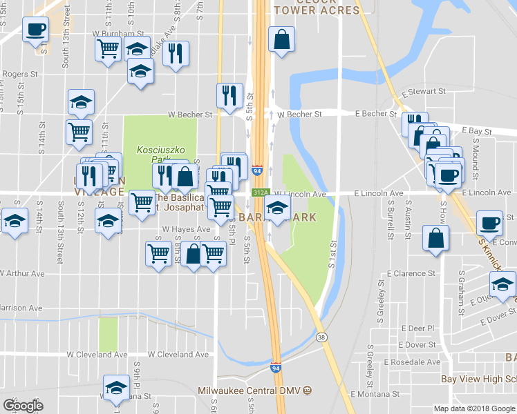 map of restaurants, bars, coffee shops, grocery stores, and more near 417 West Lincoln Avenue in Milwaukee