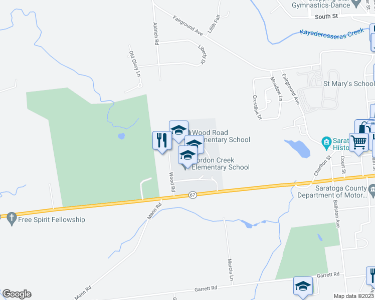 map of restaurants, bars, coffee shops, grocery stores, and more near 100 Wood Road in Ballston Spa