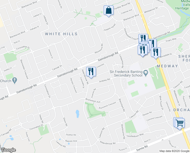 map of restaurants, bars, coffee shops, grocery stores, and more near 316 Ardsley Crescent in London
