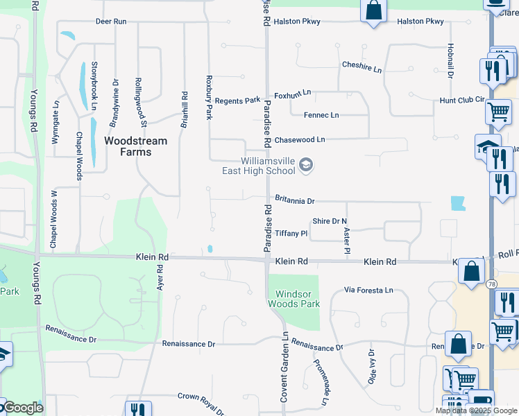 map of restaurants, bars, coffee shops, grocery stores, and more near 64 Paradise Road in East Amherst