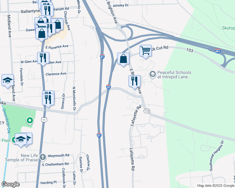 map of restaurants, bars, coffee shops, grocery stores, and more near 478 New York 173 in Syracuse