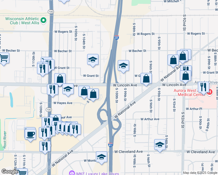 map of restaurants, bars, coffee shops, grocery stores, and more near 2014 Zoo Freeway in West Allis