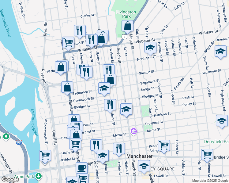 map of restaurants, bars, coffee shops, grocery stores, and more near 771 Union Street in Manchester