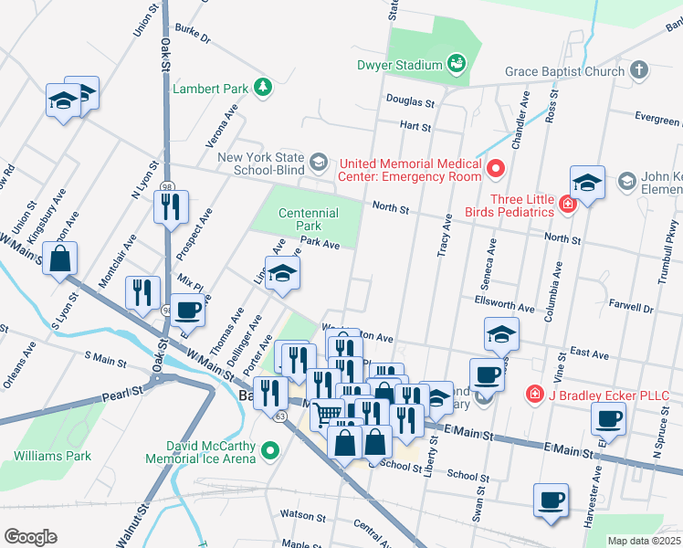 map of restaurants, bars, coffee shops, grocery stores, and more near 119 1/2 State Street in Batavia
