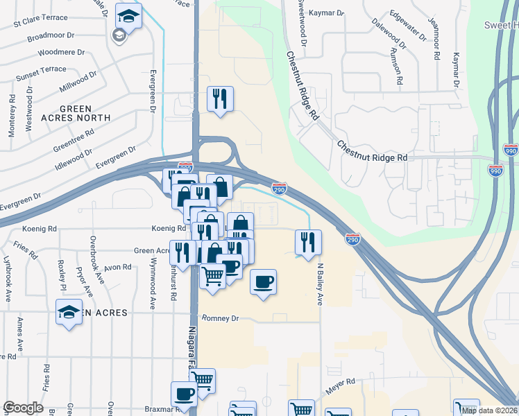 map of restaurants, bars, coffee shops, grocery stores, and more near 3948 Ridge Lea Road in Buffalo