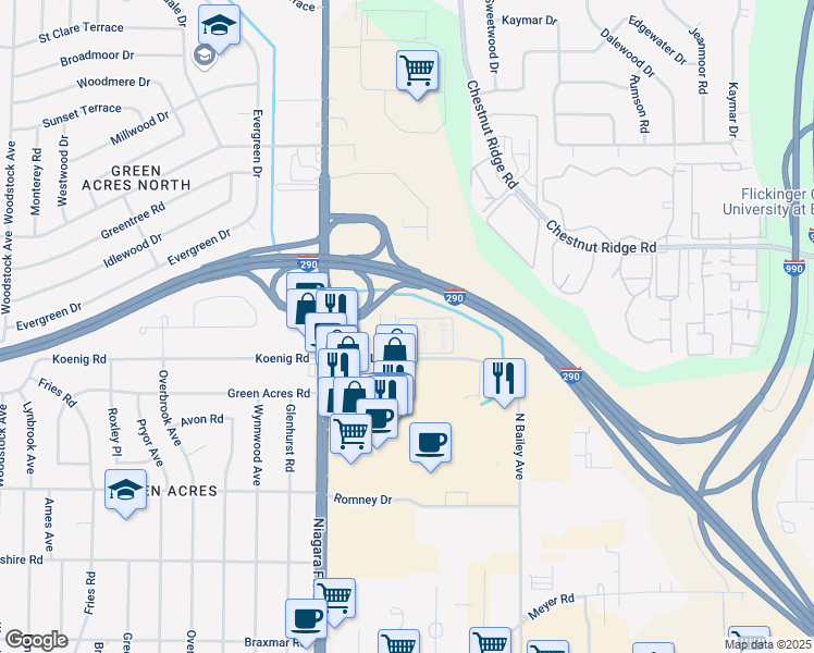 map of restaurants, bars, coffee shops, grocery stores, and more near 3948 Ridge Lea Road in Buffalo