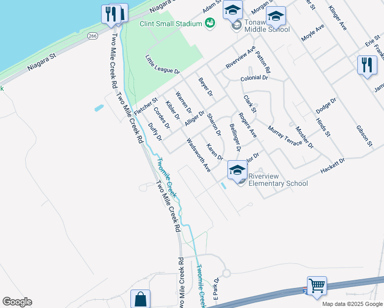 map of restaurants, bars, coffee shops, grocery stores, and more near 215 Brookside Terrace in Tonawanda