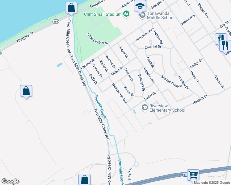 map of restaurants, bars, coffee shops, grocery stores, and more near 215 Brookside Terrace in Tonawanda