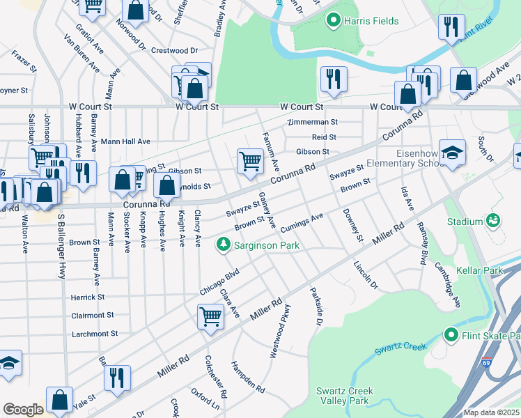 map of restaurants, bars, coffee shops, grocery stores, and more near 2610 Brown Street in Flint