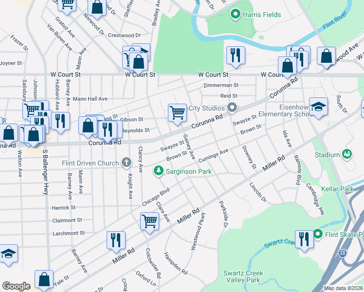 map of restaurants, bars, coffee shops, grocery stores, and more near 2610 Brown Street in Flint