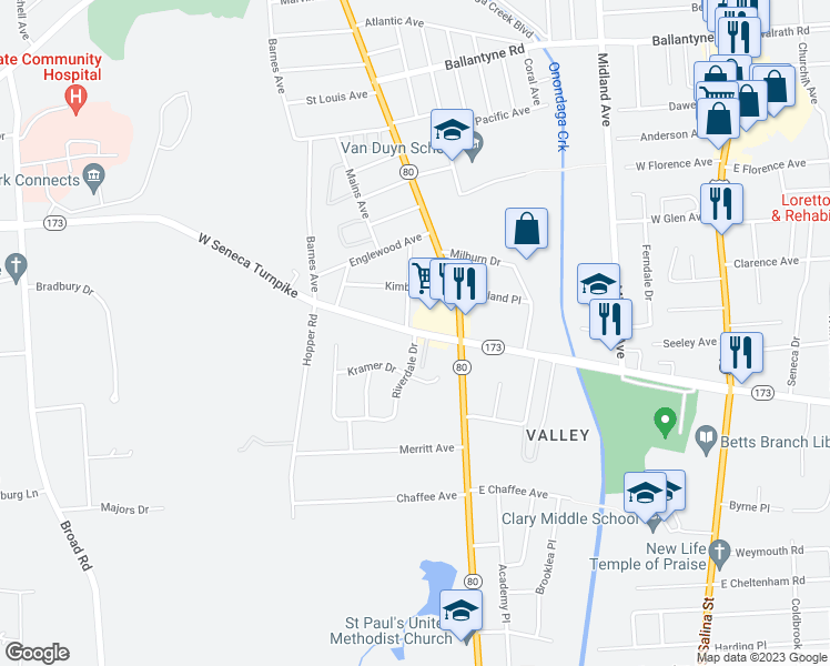 map of restaurants, bars, coffee shops, grocery stores, and more near 104 Riverdale Drive in Syracuse