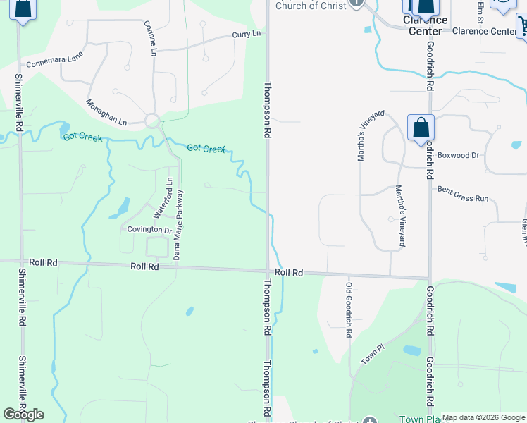 map of restaurants, bars, coffee shops, grocery stores, and more near 5670 Thompson Road in Clarence Center