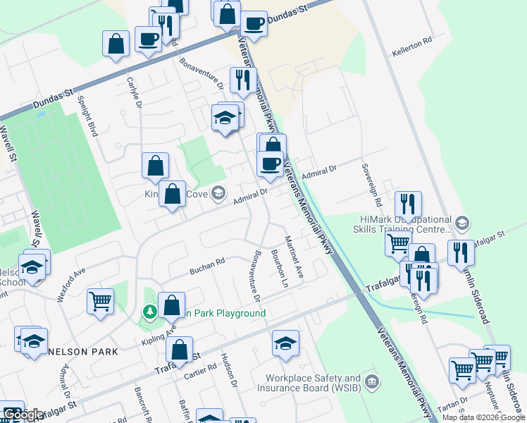 map of restaurants, bars, coffee shops, grocery stores, and more near 97 Bonaventure Drive in London